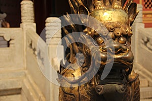 Close-up of a Gilded lion statue, Forbidden City, Beijing