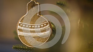 Close up of gingerbread cookies. Christmas tree at New Year Eve. Soft focus