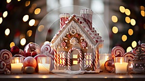 A close-up of a gingerbread house, complete with candy canes and other holiday decorations.