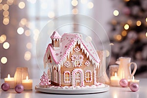 Close up of gingerbread house with pastel pink decor and candles on white table over lights blurred backdrop. Festive and cozy