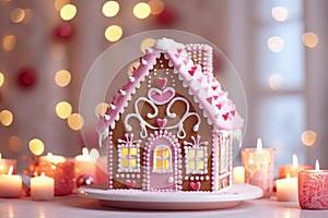 Close up of gingerbread house with pastel pink decorating, lights blurred backdrop. Festive and cozy Christmas background
