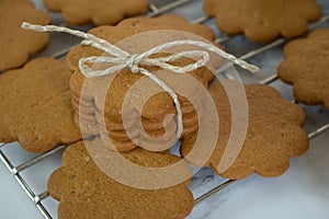 Close up of Gingersnap cookies with twine