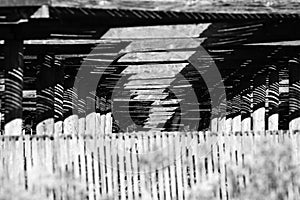 Close-up of ginseng shade made from old wooden lathes in black and white, horizontal