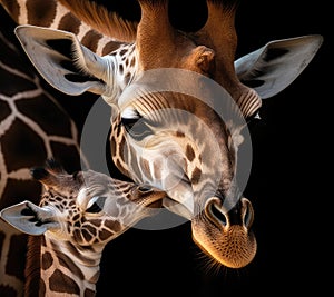 a close up of a giraffe and a baby giraffe next to each other, created by Generative AI