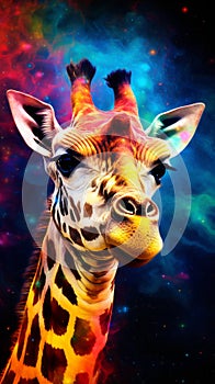A close up of a giraffe with a colorful background
