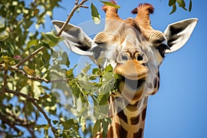 close-up of a giraffe eating leaves from a tall acacia tree