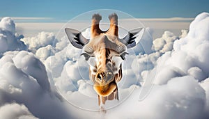 Close-up of a Giraffe Peeking Out of the Clouds and Looking at Camera - Generative Ai