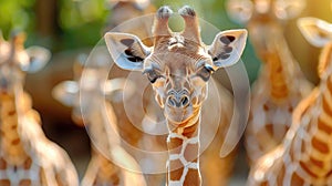 Close-up of a giraffe's face, others blurred in background.