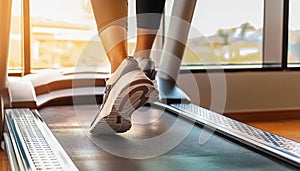 Close-up of girl feet on a treadmill running at the gym or at home , generated by AI