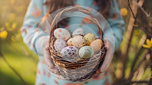 Close-up of a girl hands is holding a basket full with Easter eggs with cute patterns on blurred background.