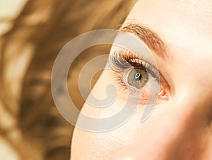 Close-up of a girl`s eye with lashes. The concept of caring for the eyes, eyelash extensions in the salon.