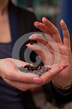 Close-up of girl& x27;s hands showing roasted coffee bean in her fingers with blurred background behind