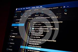 Close-up of Git GUI showing branch history, commit messages, and code updates in a development workflow. Ideal for illustrating