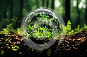 Close-up of a glass ball nestled in a lush green forestÃ¢â¬âa fusion of nature and elegance photo