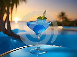 close up glass of blue coctail on sunet, made by AI