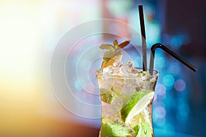 Close-up of a glass with a classic mojito cocktail