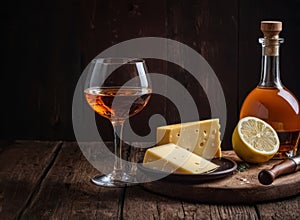 Close-up of a glass of cognac and a bottle of cognac on a wooden table near a wooden wall. The character and all objects are