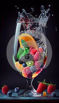 Close up with glass fresh fruit cocktail in freeze motion splashing