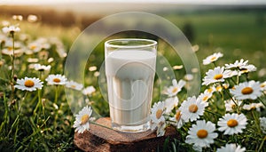 Close-up of glass of fresh milk, green grass and daisies on background. Tasty and healthy beverage