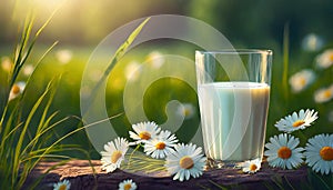 Close-up of glass of fresh milk, green grass and daisies on background. Tasty and healthy beverage