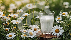 Close-up of glass of fresh milk, green grass and daisies on background. Tasty and healthy beverage