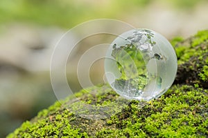 Close up of glass globe in the forest