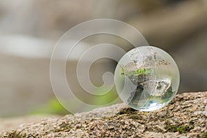 Close up of glass globe in the forest