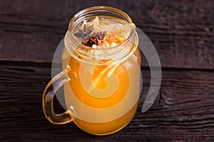 Close up glass jar with delicious healthy apple punch