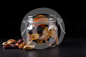 close-up of glass jar filled with dried fruits and nuts