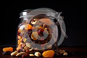 close-up of glass jar filled with dried fruits and nuts