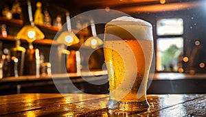 Close-up of Glass of Lager Beer on a Bar or Pub Counter - Generative Ai