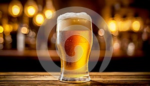 Close-up of Glass of Lager Beer on a Bar or Pub Counter - Generative Ai