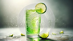 Close-up of a glass of lime soda, showcasing the bubbling carbonation