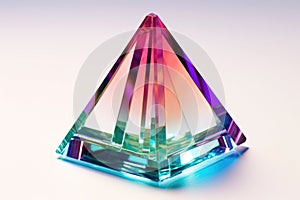 close-up of glass prism with vivid light refraction on white surface