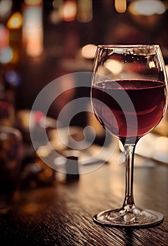 Close up of a glass of red whine with blurred background on a table