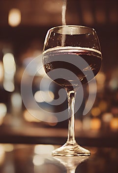 Close up of a glass of red whine with blurred background on a table with reflection