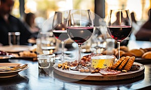 Close-up of a glass of red wine on a bar table with blurred people and charcuterie board in the background at a cozy wine tasting