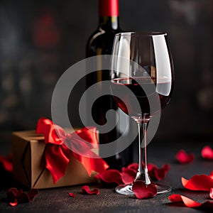 Close-up of a glass with red wine and a gift in the background.