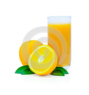 Close-up of Glass squeezed orange juice and fresh fruits ripe cut half with green leaves