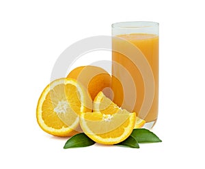 Close-up of Glass squeezed orange juice and fresh fruits ripe cut half with green leaves Fruit organic from natural food vegetari