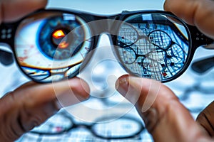 Close up of glasses against a vision test chart background for eye examination focus