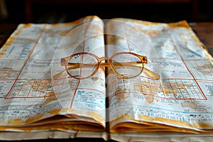 Close up of glasses against a vision test chart background for eye examination focus