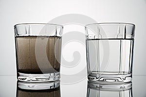 Close up glasses with clean and dirty water