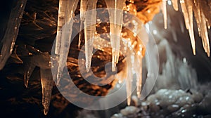 Close up of glinting Icicles hanging in the Entrance of a Cave. Natural Winter Background