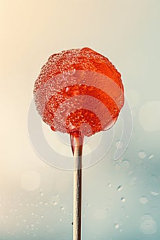 Close-up of a Glistening Frosted Red Lollipop on a Blurred Background