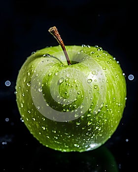 Close-up of glistening green apple adorned with water droplets