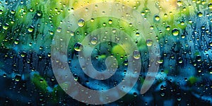 Close-up of glistening raindrops on a windowpane against a colorful watercolor background