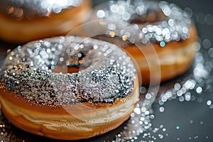 A close up of a glittered donut with a blurry background
