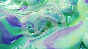 The close up of a glossy liquid surface abstract in lavender, mint green, and olive green colors with a soft focus