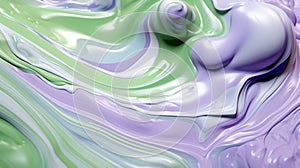 The close up of a glossy liquid surface abstract in lavender, mint green, and olive green colors with a soft focus